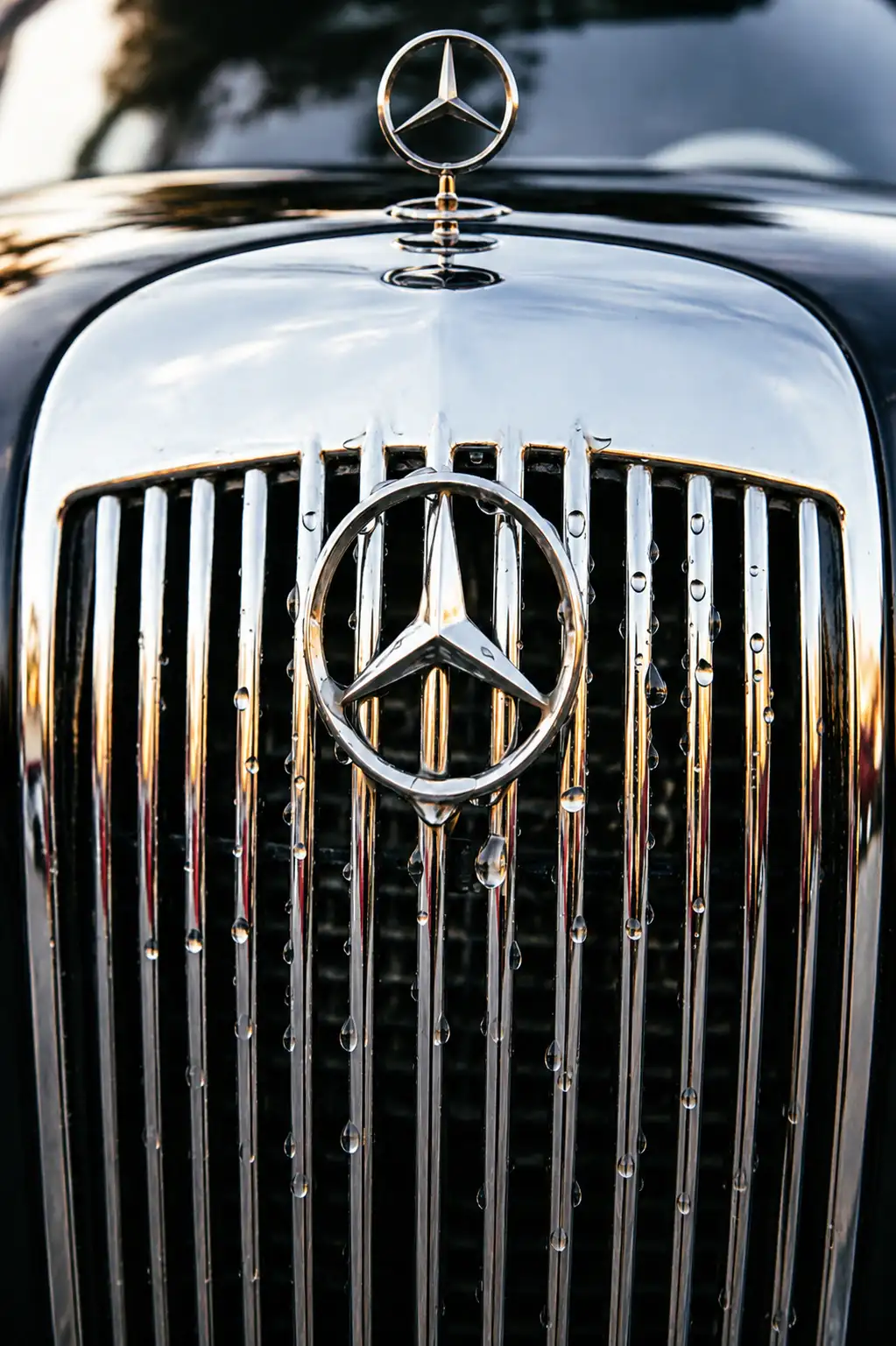 Detailaufnahme eines verchromten Kühlergrills eines Oldtimers