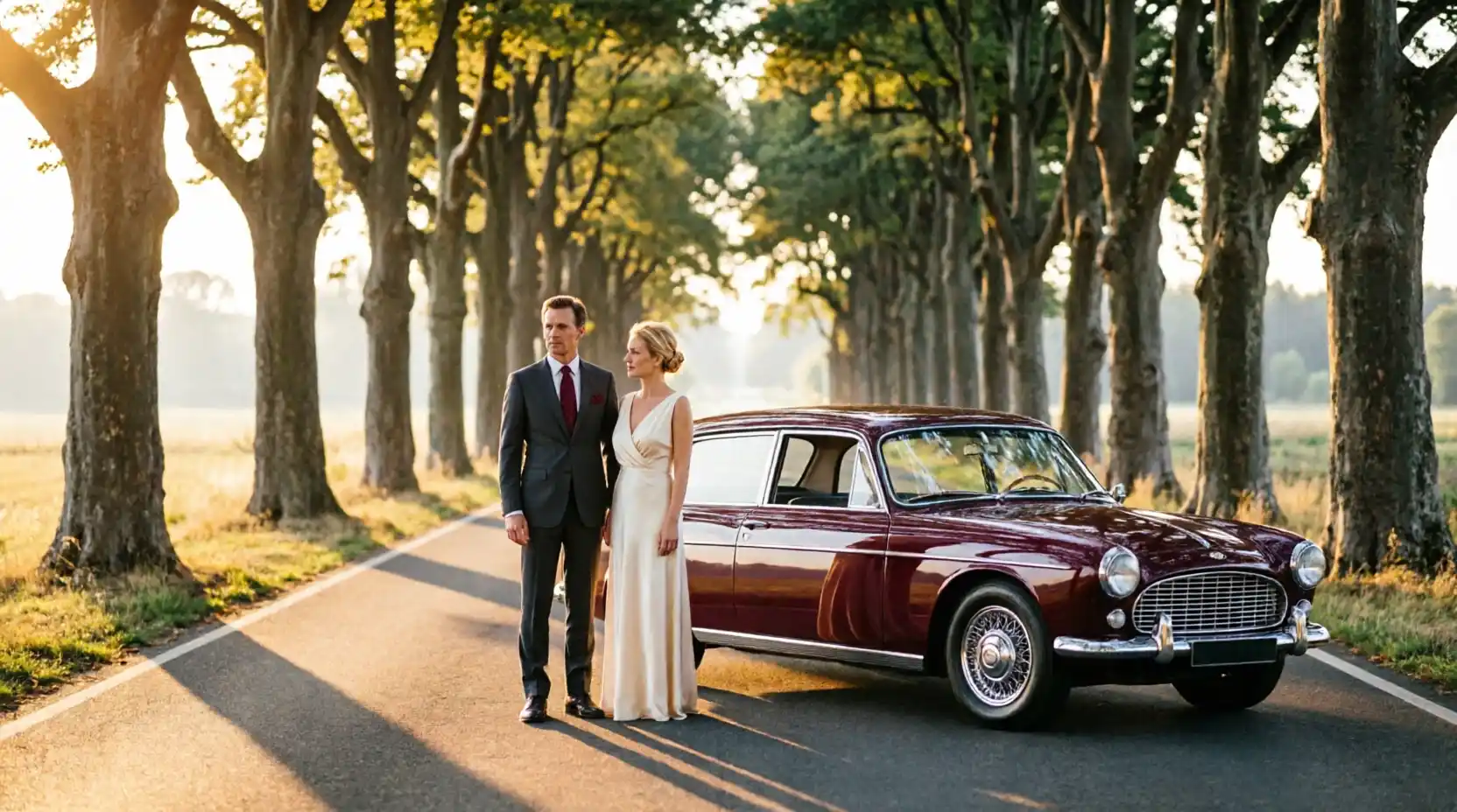 Elegantes Paar neben einem klassischen Oldtimer auf einer Lindenallee im Abendlicht