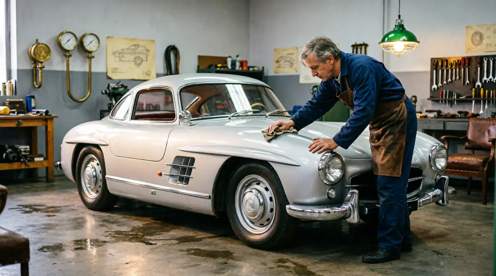 Klassischer Mercedes-Benz aus den 1950er Jahren in einer Werkstatt