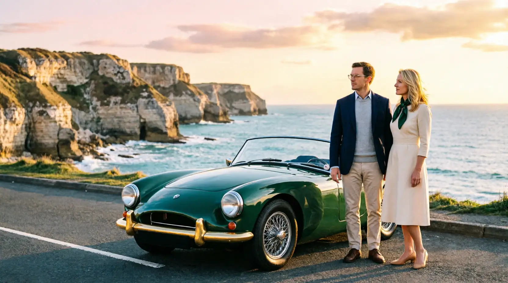 Britischer Roadster der 1960er Jahre auf einer Küstenstraße